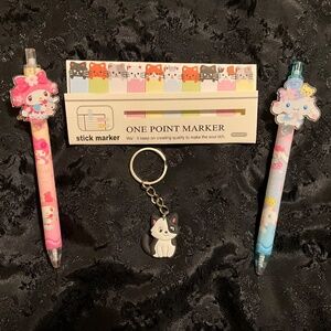 Kawaii Cat Stationery Bundle | Sticky Tabs + 2 Hello Kitty Pens + Keychain